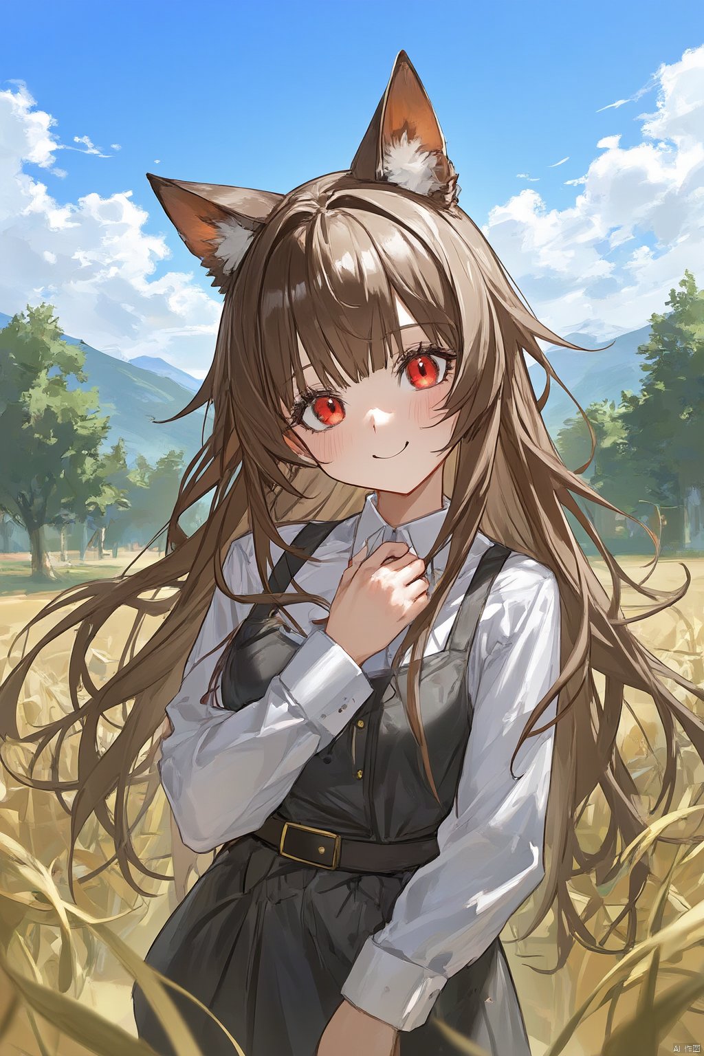 1girl, holo, animal_ears, long_hair, solo, brown_hair, wolf_ears, outdoors, sky, red_eyes, letterboxed, field, wheat, fang, looking_at_viewer, wolf_girl, cloud, day, smile, hand_in_own_hair, vest, blue_sky, shirt, blush, pouch