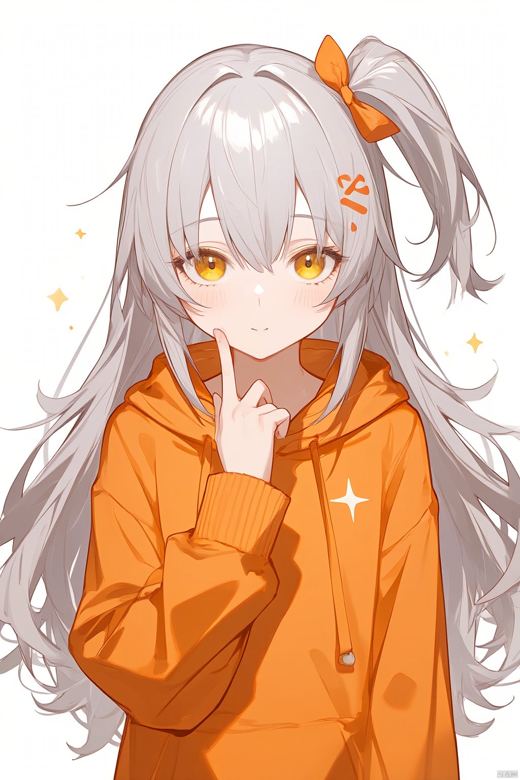 i,best quality, amazing quality, very aesthetic,long hair, 1girl, hood, solo, side_ponytail, hoodie, blush, long_hair, orange_hoodie, holding, upper_body, v, looking_at_viewer, ahoge, hair_between_eyes, grey_hair, long_sleeves, yellow_eyes, bangs, sleeves_past_wrists, closed_mouth, hair_ornament, hood_down, :t, food, sparkle, hair_scrunchie