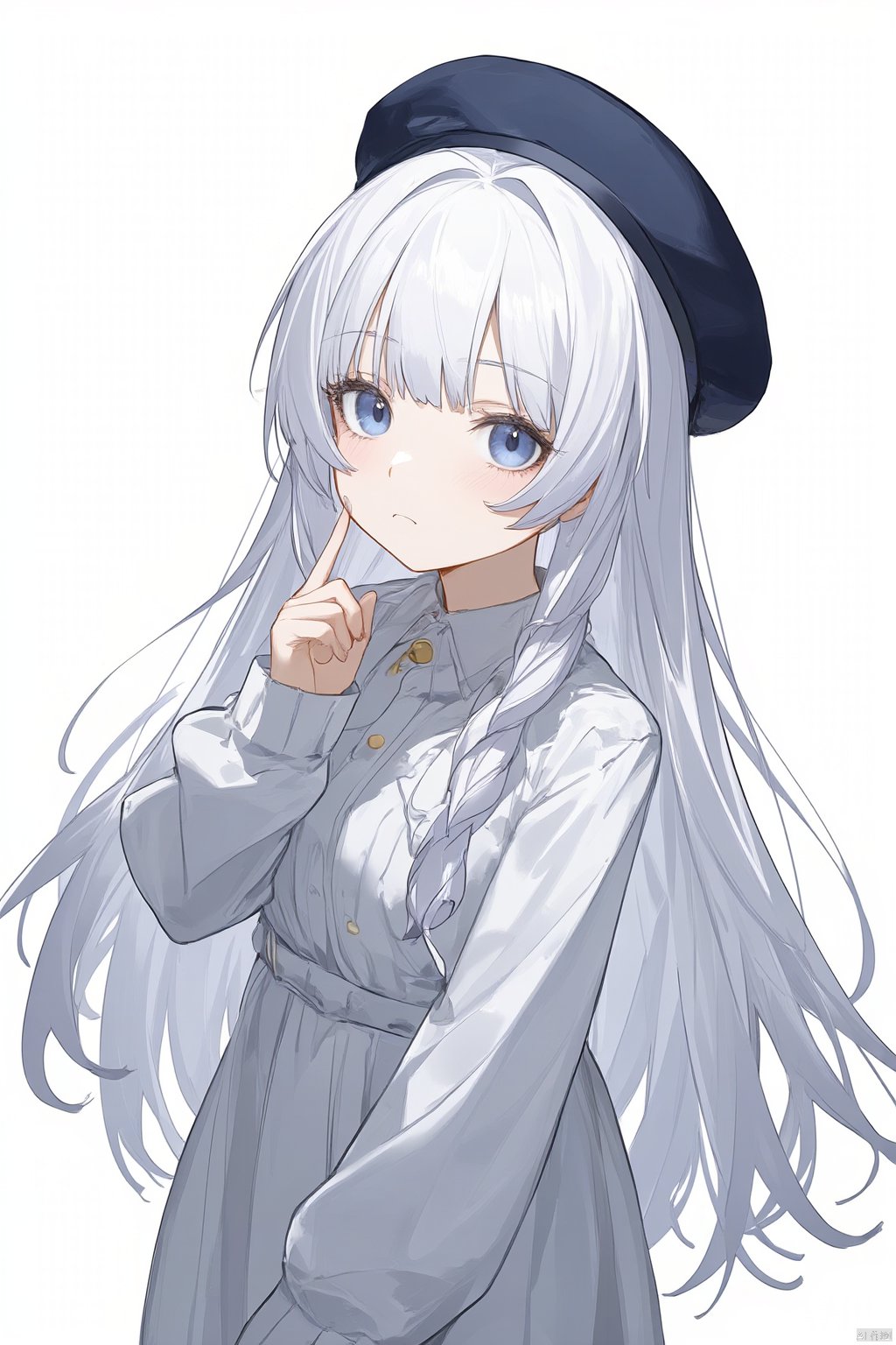 1girl, beret, braid, closed_mouth, dress, hat, long_hair, long_sleeves, simple_background, solo, white_background, white_hair