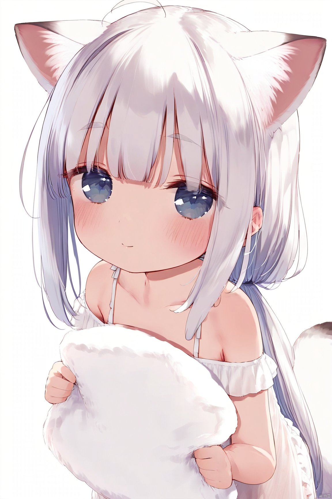 1girl, solo, long hair, looking at viewer, blush, smile, bangs, blue eyes, simple background, white background, dress, animal ears, bare shoulders, very long hair, closed mouth, tail, ahoge, white hair, off shoulder, white dress, animal ear fluff