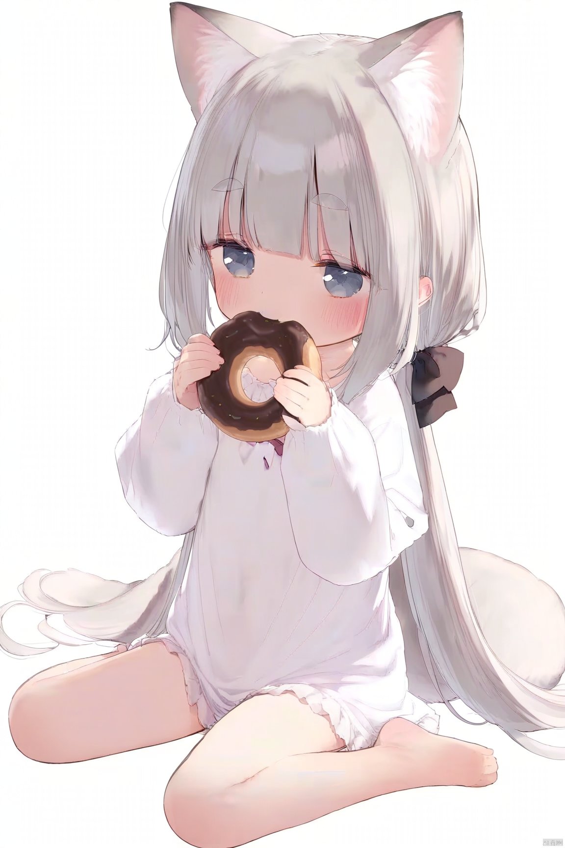 1girl, solo, long hair, blush, bangs, blue eyes, simple background, shirt, long sleeves, white background, dress, bow, holding, animal ears, twintails, sitting, very long hair, tail, full body, white shirt, hair bow, grey hair, food, barefoot, cat ears, white dress, animal ear fluff, grey eyes, low twintails, wariza, eating, holding food, doughnut