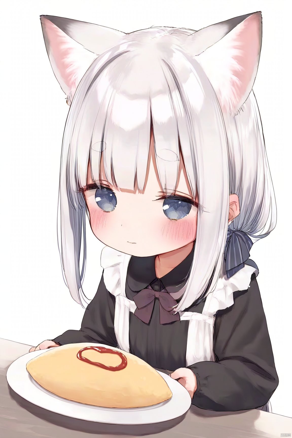 1girl, solo, long hair, blush, bangs, blue eyes, simple background, shirt, long sleeves, white background, bow, holding, animal ears, closed mouth, upper body, white hair, hair bow, food, collared shirt, apron, animal ear fluff, grey eyes, black shirt, table, thick eyebrows, plate, striped bow, omelet, omurice