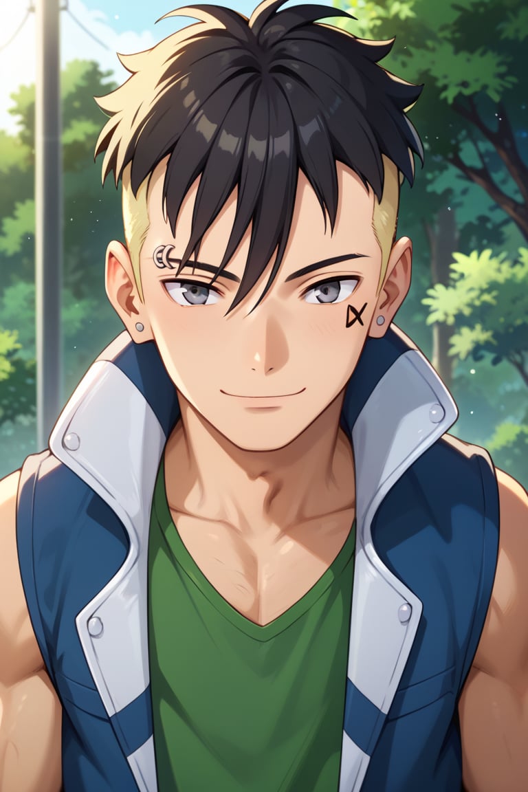 Prompt: ,score_9_up, score_8_up,score_7_up,score_6_up,score_5_up,score_4_up,source_anime,BREAK,facing_viewer,looking_at_viewer,pov_eye_contact,day,outdoor,solo,1boy, kawaki_uzumaki, facial mark, piercing, smiling,grey eyes,black hair,manly,sleeveless blue coat,green tanktop,sunlight,evening,upper_body,more detail XL,front view,close up