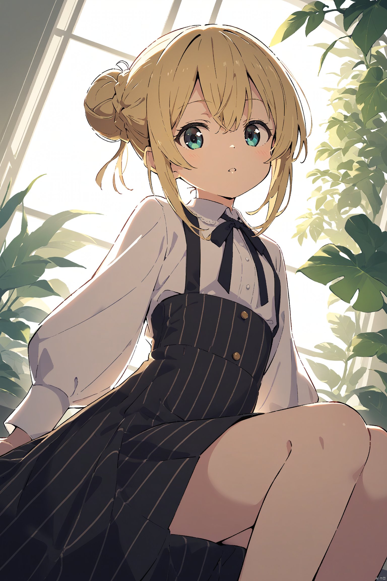 1girl, solo, skirt, blonde hair, sitting, shirt, striped skirt, black skirt, white shirt, long sleeves, vertical-striped skirt, striped, vertical stripes, bangs, long hair, braid, backlighting, sidelocks, window, plant, dutch angle, looking at viewer, blue eyes, parted lips, single hair bun, hair bun, high-waist skirt, green eyes, long skirt, blouse, hair between eyes, pinstripe pattern