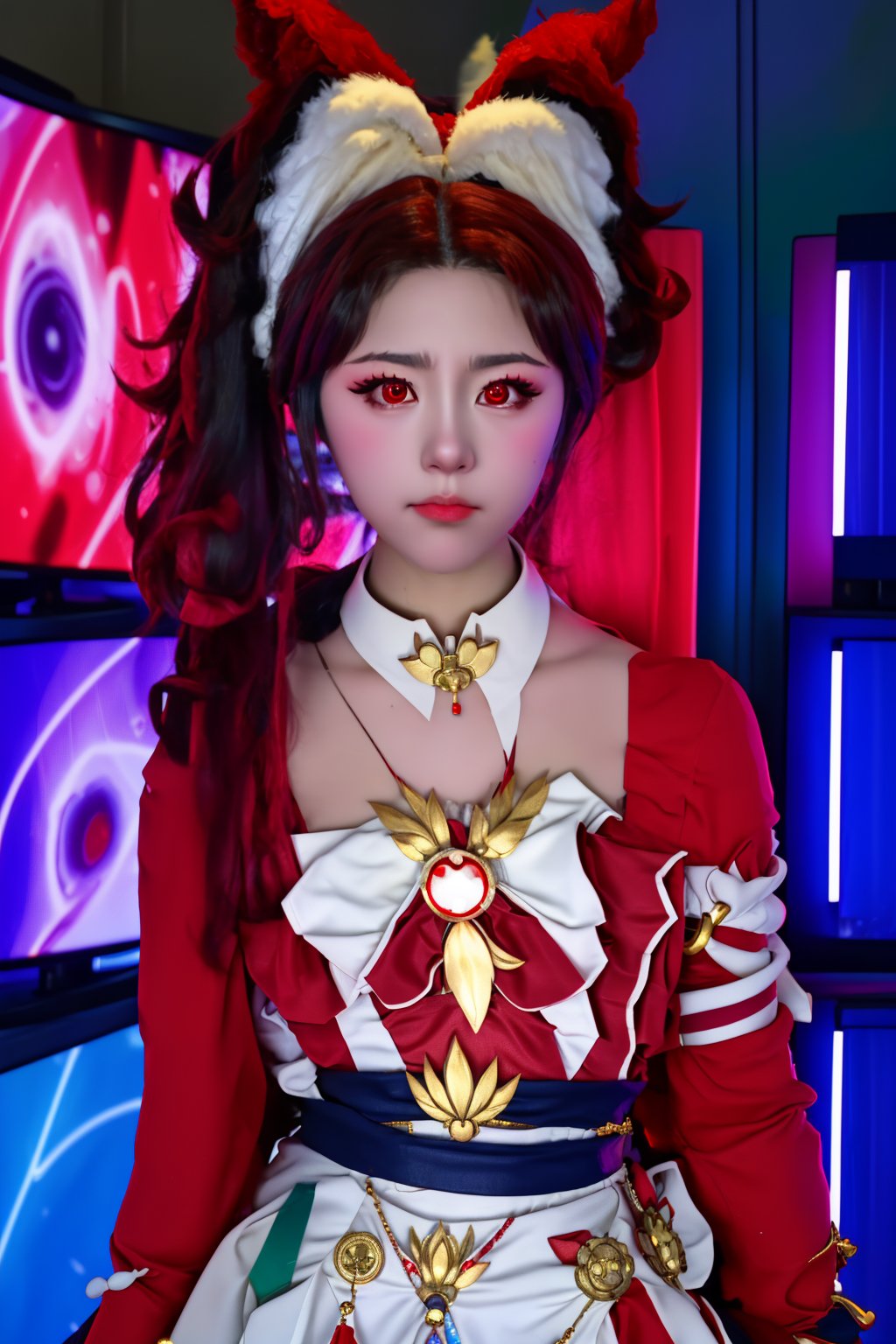 Captured from a high-angle perspective, a woman dressed in a red and white costume is stunning. She is adorned with a black and white checkered pattern on her chest, a black belt around her waist, and a gold medallion hanging from her neck. Her hair is styled in a ponytail, and she is wearing a pair of fluffy white ears on her head. Her eyes are a piercing red, and her hair is a dark brown. Her costume is reminiscent of an anime character, with a white and red costume. She stands in front of a backdrop of televisions that are lit up, creating a vibrant and colorful backdrop.