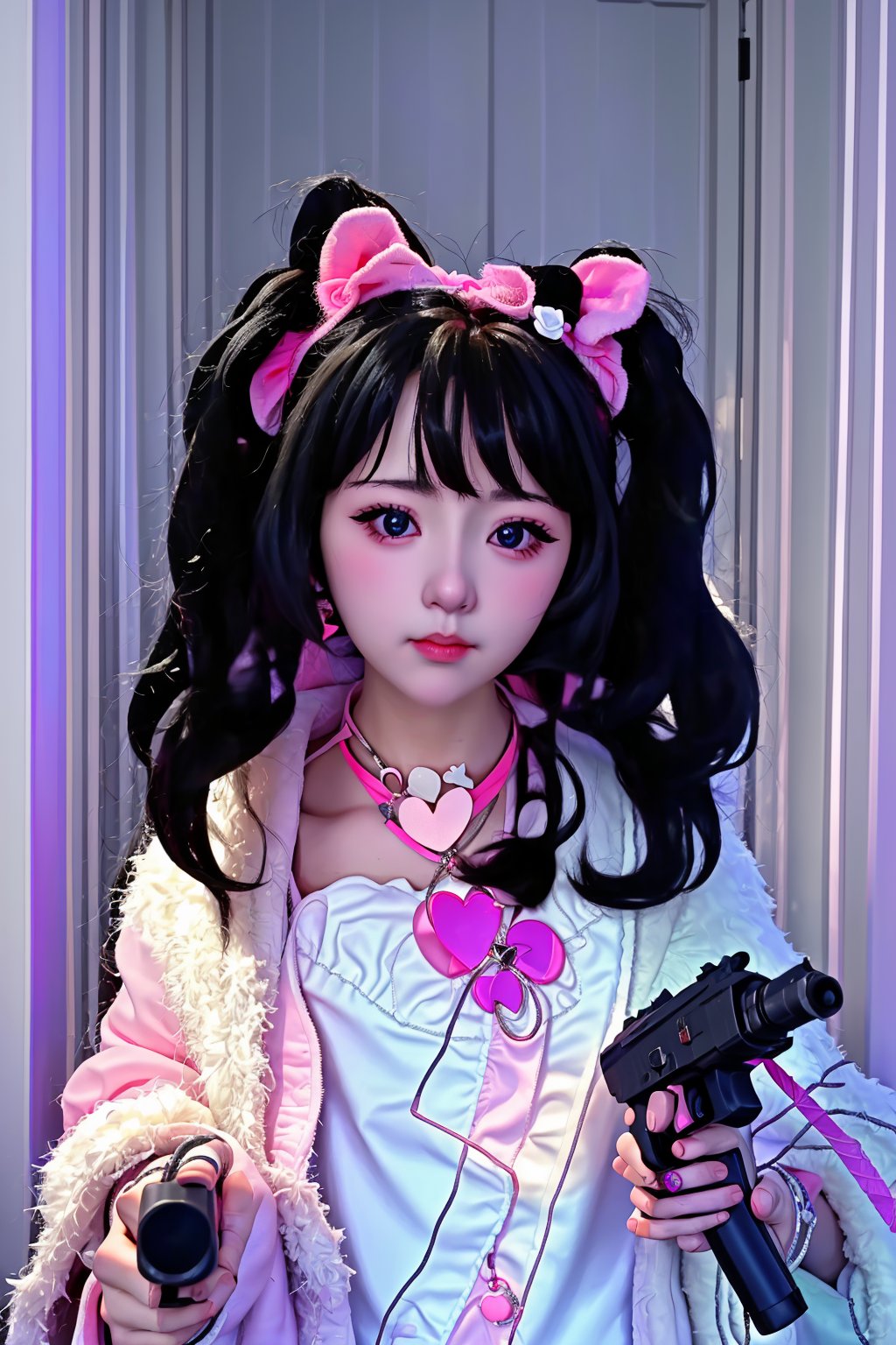 Captured from a low-angle perspective, a close-up shot of a female doll with long black hair and blue eyes, wearing a pink collar with a heart charm on it, is holding a black gun in her right hand. The doll's left hand is positioned in front of her face, while the right hand is holding the gun with her left hand. She is wearing a fluffy white robe, and a pink heart necklace around her neck. Her hair is styled in two pig tails, with a pink bow at the top of her head. The backdrop is a stark white wall, with white panels.