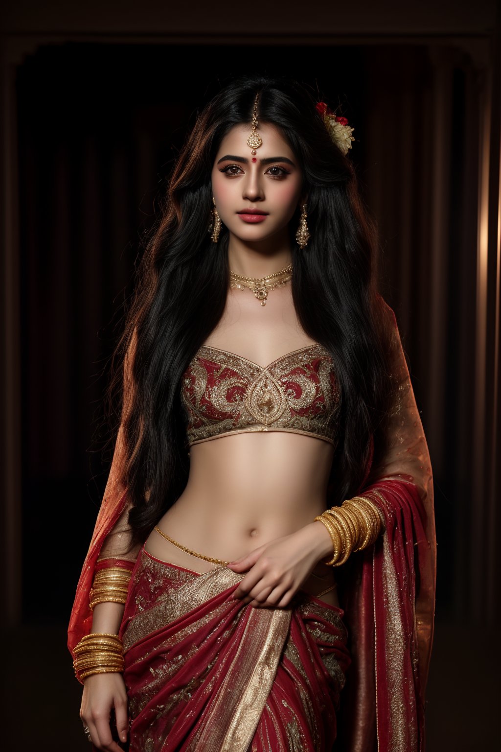 A beautiful slim sexy woman wearing a traditional saree, draped in a style that reveals her midriff and navel. The saree is richly colored and adorned with intricate patterns and embroidery, with a matching blouse (choli) that has short sleeves and a deep neckline. The pallu of the saree is gracefully draped over her shoulder, falling softly to one side, while her navel is tastefully visible where the saree is wrapped around her waist. She is adorned with traditional jewelry, including a maang tikka, jhumka earrings, a nose ring, bangles, and anklets. Her skin has a warm tone, and her long, dark hair is styled either in a loose braid or cascading waves. The setting is softly lit, focusing on her elegant pose and the cultural richness of her attire, with warm, natural lighting that enhances the details of the fabric and her jewelry.

cinematic angle, (cinematic shadows, bokeh, depth of field:1.3) , (High detail RAW Photo), (extremely detailed skin, photorealistic, heavy shadow, dramatic and cinematic lighting, key light, fill light), sharp focus, cinematic, imperfect skin, fabrics, textures, detailed face, detailed skin, detailed fingers, NaturalHand2-3500, analog film photo Deep photo,depth of field,ferrania p30 film,shadows, perfect face and body, dimly lit, nervous, harsh camera flash, faded film, desaturated, 35mm photo, grainy, Kodachrome, Lomography, stained, highly detailed, found footage,, (black hair,
A flapper girl stands poised in a smokey atmosphere, bathed in ethereal light that accentuates her stunning features. Her fair skin glows under cinematic lighting, as she gazes directly into the camera with perfect eyes and a beautiful nose. Her Drill Spring-inspired hairstyle is perfectly coiffed, framing her face, background intricate details and complex patterns that seem to leap off the screen in hyper-maximalist fashion.  with detailed decoration and lines that exude opulence. In stunning HDR and UHD, this unreal engine creation pops with gorgeous light and shadow., matrix,poakl