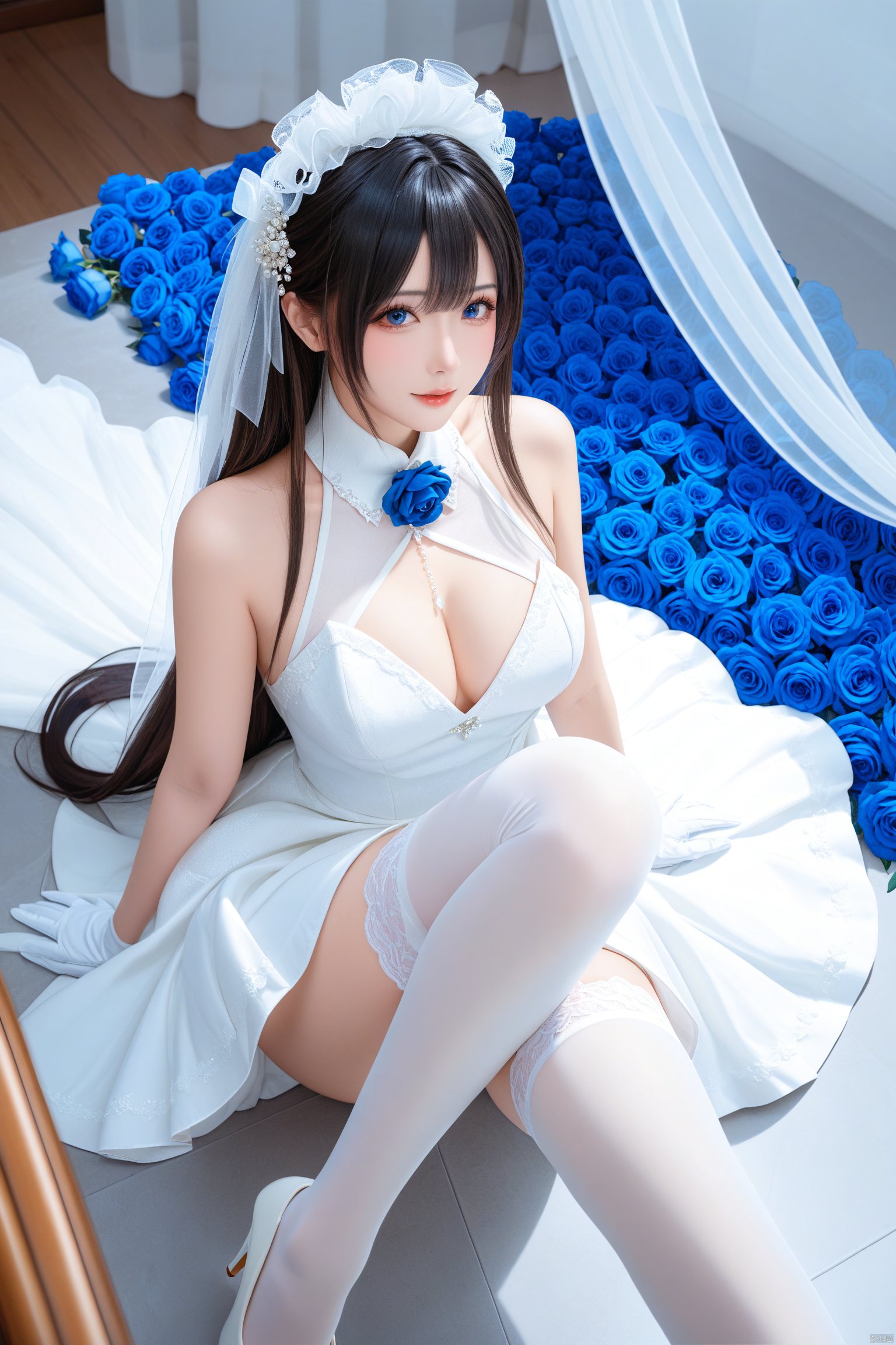 masterpiece,best quality,masterpiece,best quality, 
1girl, solo, long hair, breasts, black hair, thighhighs, gloves, dress, bare shoulders, sitting, flower, sleeveless, white gloves, white dress, high heels, white thighhighs, sleeveless dress, rose, white footwear, blue flower, blue rose, from above, 
BREAK fine fabric emphasis,best quality,masterpiece,best quality,amazing quality,very aesthetic,absurdres,best quality,amazing quality,very aesthetic,absurdres,Highly detailed,best quality,masterpiece,Highly detailed,