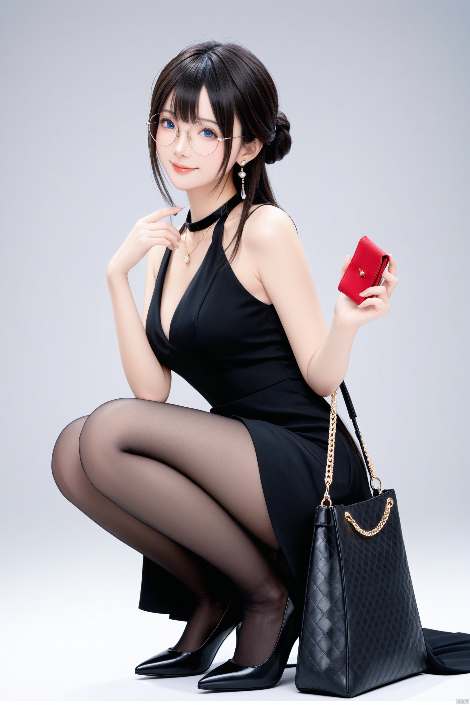 masterpiece,best quality,masterpiece,best quality, 
1girl, solo, long hair, breasts, looking at viewer, smile, bangs, blue eyes, simple background, black hair, white background, dress, holding, cleavage, bare shoulders, jewelry, medium breasts, closed mouth, full body, pantyhose, earrings, glasses, sleeveless, hand up, necklace, bag, black footwear, black dress, high heels, black pantyhose, bare arms, sleeveless dress, squatting, half updo, handbag, round eyewear, holding bag, 
BREAK fine fabric emphasis,best quality,masterpiece,best quality,amazing quality,very aesthetic,absurdres,best quality,amazing quality,very aesthetic,absurdres,Highly detailed,best quality,masterpiece,Highly detailed,