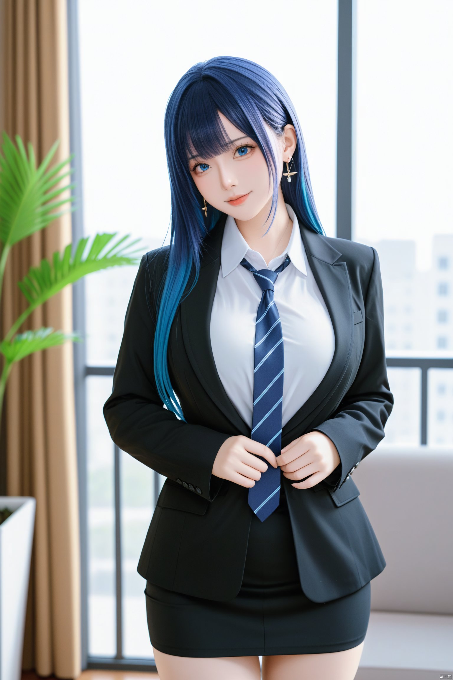 masterpiece,best quality,masterpiece,best quality, 
1girl, solo, long hair, breasts, looking at viewer, bangs, blue eyes, skirt, large breasts, shirt, black hair, long sleeves, jewelry, closed mouth, blue hair, standing, jacket, white shirt, thighs, multicolored hair, cowboy shot, earrings, necktie, choker, striped, collared shirt, indoors, miniskirt, black skirt, mole, two-tone hair, black jacket, window, black choker, plant, pencil skirt, blue necktie, colored inner hair, striped necktie,
BREAK fine fabric emphasis,best quality,masterpiece,best quality,amazing quality,very aesthetic,absurdres,best quality,amazing quality,very aesthetic,absurdres,Highly detailed,best quality,masterpiece,Highly detailed,