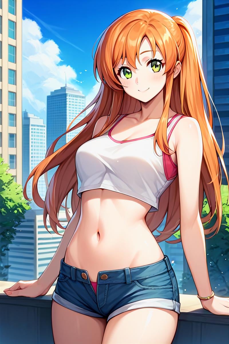 score_9, score_8_up, score_7_up, score_6_up, score_5_up, score_4_up, rating_questionable, , source_anime, digital illustration, pixiv, fanbox, uncensored, , BREAK, official art,1girl, solo, female, shirley fenette, orange hair, green eyes, long hair,crop top, shorts, navel, groin, city, buildings, , outdoors, light smile, blush, cowboy shot, looking at viewer,  <lora:Shirley_fennete_Pony:0.8>