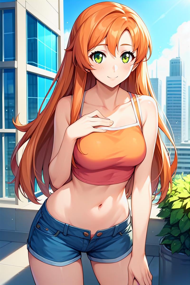 score_9, score_8_up, score_7_up, score_6_up, score_5_up, score_4_up, rating_questionable, , source_anime, digital illustration, pixiv, fanbox, uncensored, , BREAK, official art,1girl, solo, female, shirley fenette, orange hair, green eyes, long hair,crop top, shorts, navel, groin, city, buildings, , outdoors, light smile, blush, cowboy shot, looking at viewer,  <lora:Shirley_fennete_Pony:0.8>