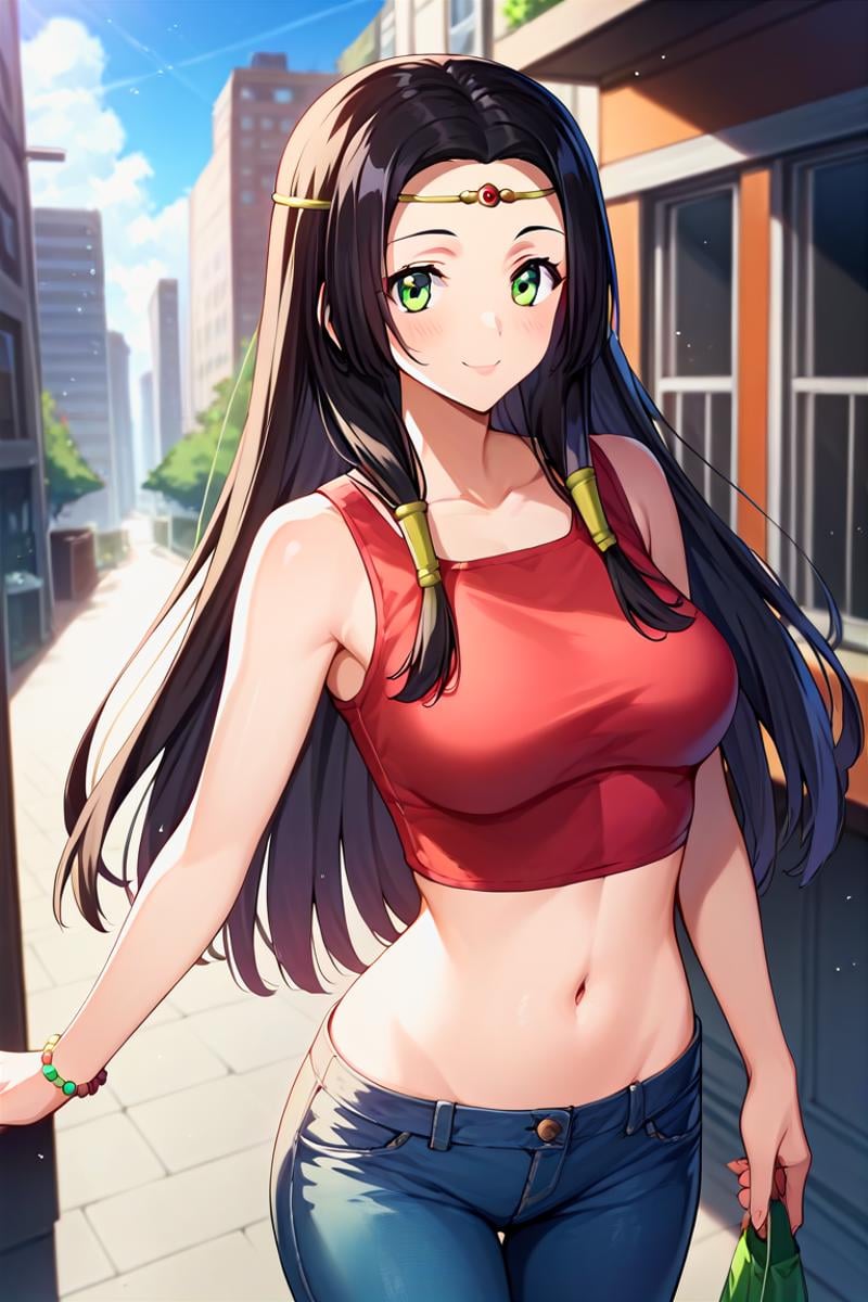 score_9, score_8_up, score_7_up, score_6_up, score_5_up, score_4_up, rating_questionable, , source_anime, digital illustration, pixiv, fanbox, uncensored, , BREAK, official art,1girl, solo, female, sumeragi kaguya, black hair, green eyes, long hair, circlet, hair tubes, crop top, jeans, navel, groin, city, buildings, outdoors,, , light smile, blush, cowboy shot, looking at viewer,   <lora:Sumeragi_Kaguya_Pony-000009:0.9>