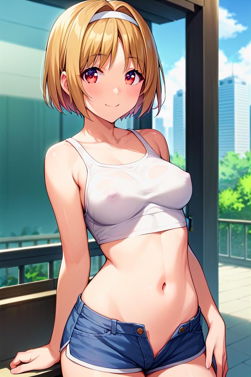 score_9, score_8_up, score_7_up, score_6_up, score_5_up, score_4_up, rating_questionable, , source_anime, digital illustration, pixiv, fanbox, uncensored, , BREAK, official art,1girl, solo, female, kushida kikyou, short hair, hair intakes, red eyes, (hair band:0.8), crop top, navel, shorts, groin, city, buildings, erect nipples,,, outdoors, light smile, blush, cowboy shot, looking at viewer,  <lora:Kushida_Kikyou_Pony-000009:0.9>