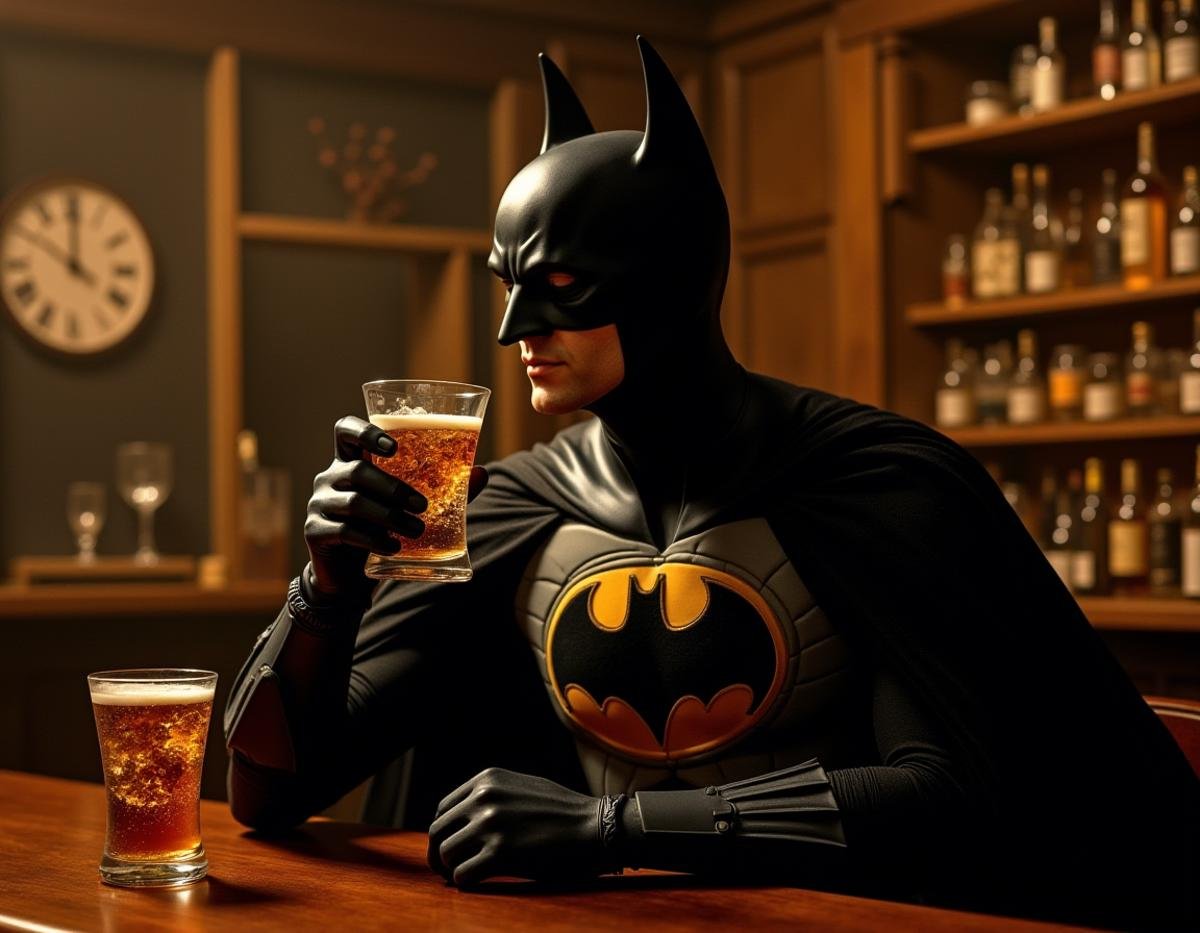 batman at a bar having a drink in the style of Leonardo Da Vinci <lora:Leonardo_DaVinci_Style:1>