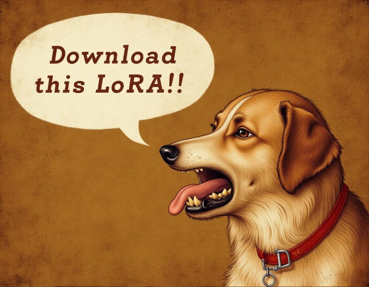 a dog barking in speech bubble "Download this LoRA!" in the style of Leonardo Da Vinci <lora:Leonardo_DaVinci_Style:1>