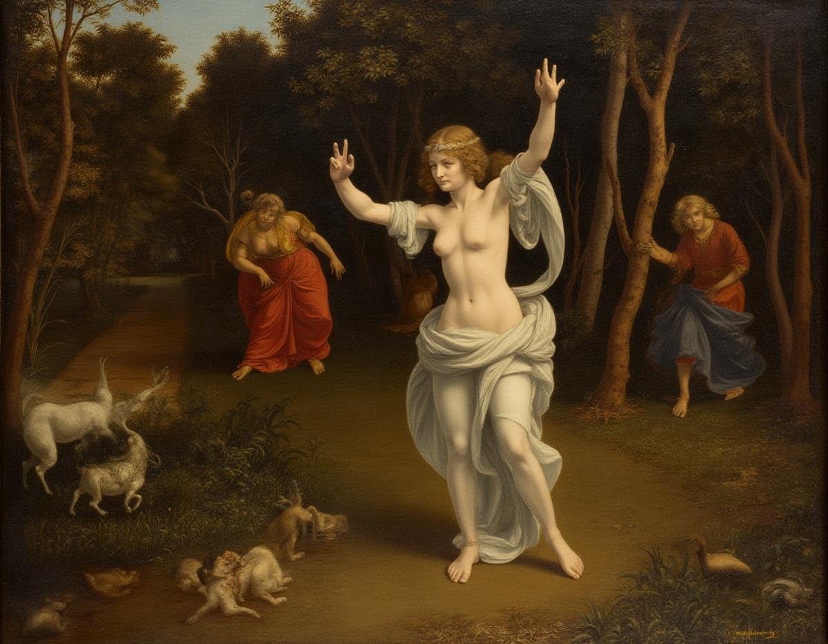 a leonardo da vinci style painting of a woman dancing in a forest  <lora:Leonardo_DaVinci_Style:1.25>