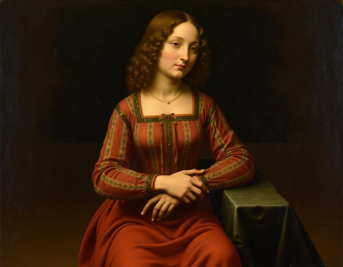 a portrait of a woman with her hands crossed in her lap in the style of Leonardo Da Vinci <lora:Leonardo_DaVinci_Style:1>