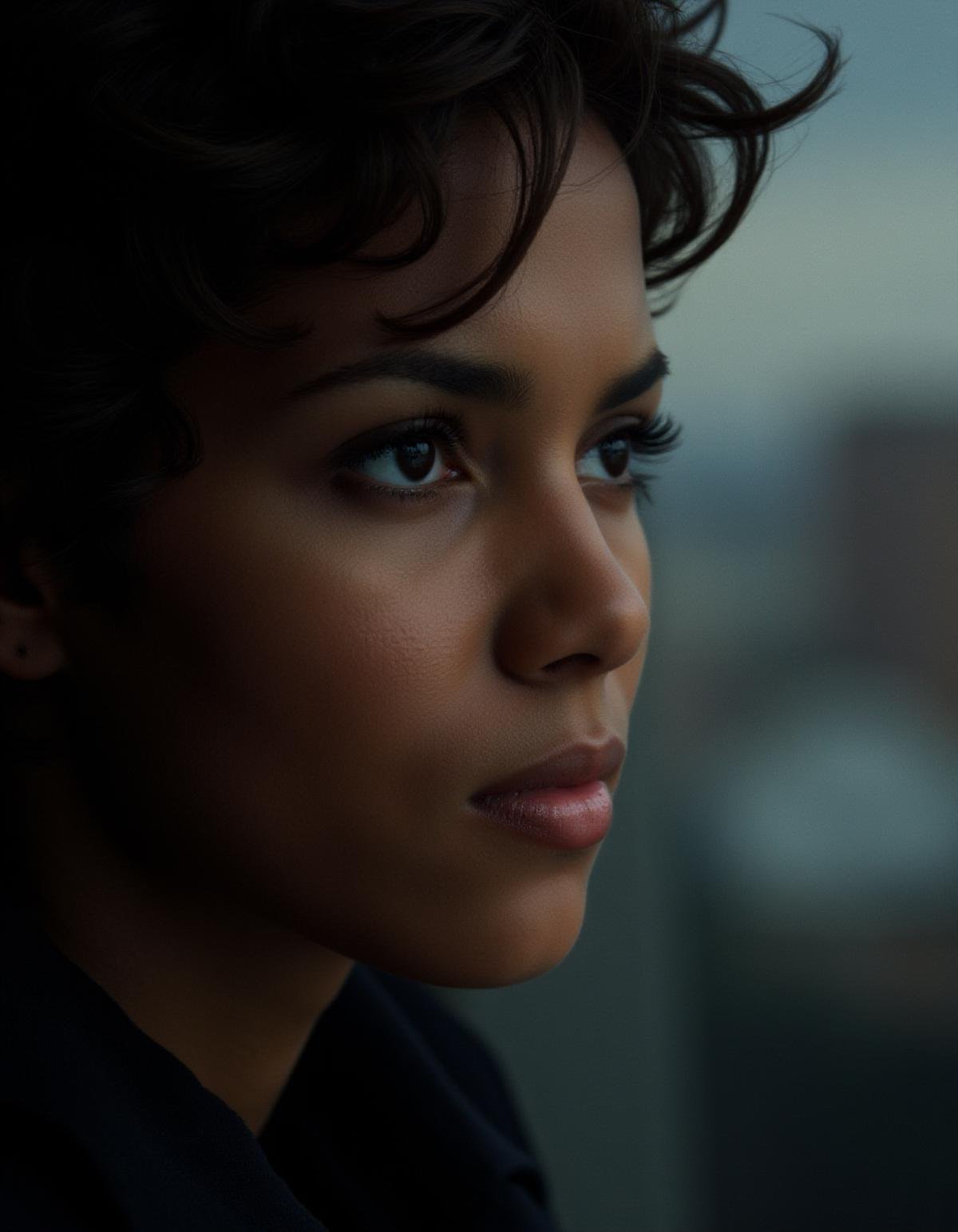 <lora:Halle_Berry:1>looking out the window with intense eyes