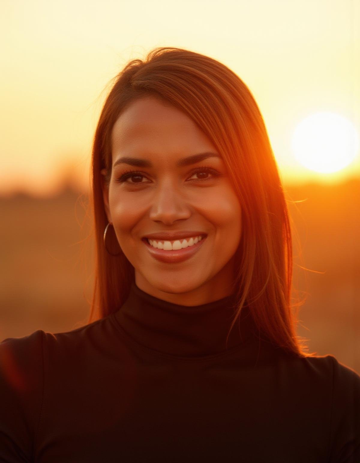 <lora:Halle_Berry:1>hlb, smiling bright at golden hour while dressed in a turtleneck