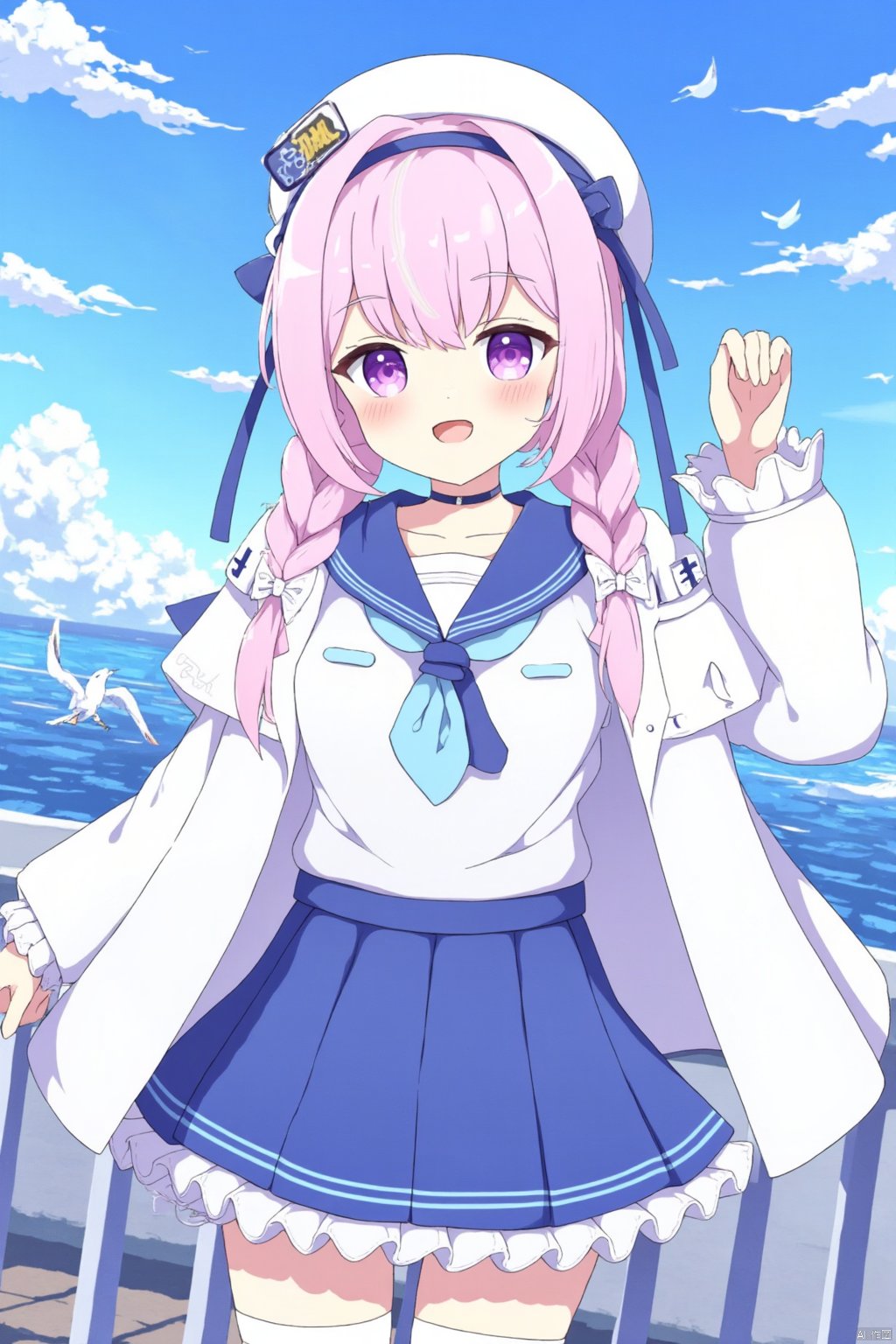 Artist_tyomimas,loli,A beautiful artwork of a virtual YouTuber with normal quality, showcasing her masterpiece, artist style Torino Aqua. She has one girl character design, performing a solo, featuring long hair, two-tone, and multicolored hair. Her appearance includes Minato Aqua's look, bird, braid, blue hair, and virtual Youtuber elements. She also has twin braids, looking directly at the viewer, wearing a skirt, white pantyhose, Minato Aqua (sailor) attire, purple eyes, ahoge (a small hair on the head), official alternate costume, long sleeves, and set outdoors. The costume includes a pleated skirt, pantyhose, frills, sailor collar, breasts, shirt, during the day, by a railing, with a hairband, open jacket, hat, and jacket. Her hair is pink, with a blue skirt, white shirt, white jacket, bow, open clothes, blush, white headwear, open mouth, twintails, ribbon, choker, smile, sky, frilled sailor collar, streaked hair, blue hairband, hand up, hair ornament, colored inner hair, medium breasts, high-waist skirt, blue sky, seagull, collarbone, blue sailor collar, cowboy shot, purple hair, anchor hair ornament, ocean, bowtie, hair ribbon, ribbon choker, and anchor symbol.