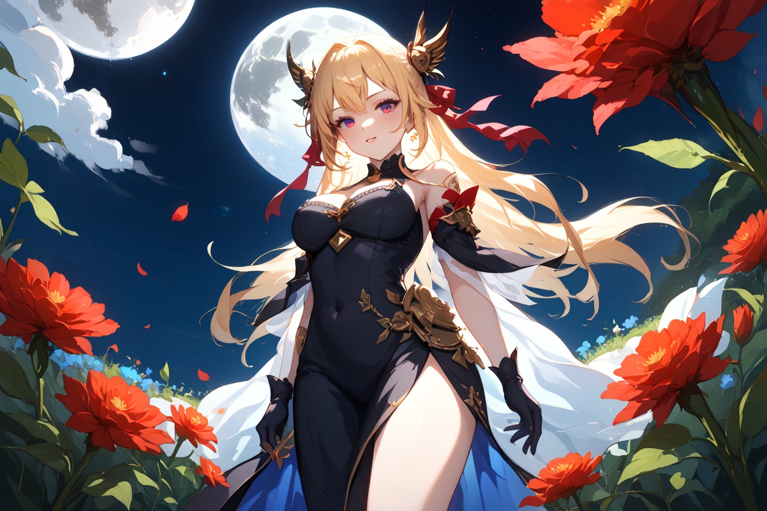 Captured from a low-angle perspective, a woman with long blonde hair, wearing a black dress and black gloves, is sitting on a bed of flowers. Her dress is adorned with a red ribbon, adding a pop of color to the scene. The woman's face is obscured by a large white moon, which is partially visible in the upper left corner of the frame. The moon's shadow is cast on the left side of the image, adding depth to the composition.