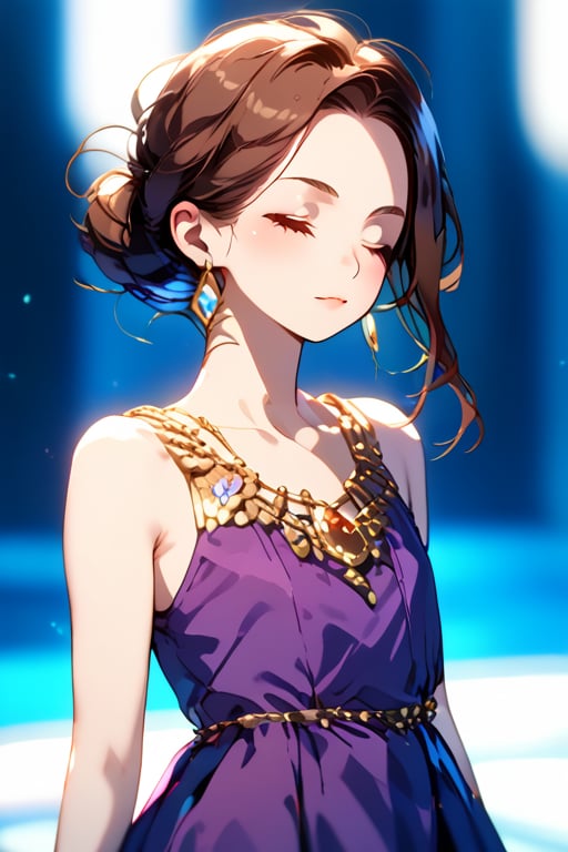 1girl, solo, brown hair, dress, jewelry, closed mouth, collarbone, closed eyes, earrings, sleeveless, hair bun, blurry, lips, blurry background, single hair bun, purple dress