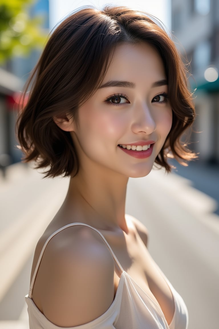 Shot of a 24-year-old Japanese beauty posing effortlessly in a stylized street snap setup, bathed in bright outdoor light. Her short, rich brown hair and expressive eyes, conveying a thousand emotions, take center stage. A charming smile accentuates her slender yet curvaceous physique, as pale skin glistens with photorealistic precision. The focus is on her stunning features, inviting the viewer to step into this cinematic frame.