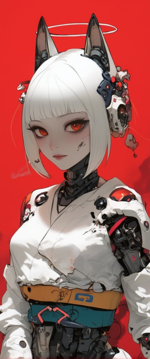 (by Carne Griffiths, Conrad Roset), 1girl,cyborg,android,mechanical, mechanical parts, mechanical joints, solo, looking at viewer, short hair, bangs, red eyes, animal ears, jewelry, upper body, white hair, earrings, japanese clothes, horns, choker, kimono, animal ear fluff, black choker, halo, red background, smoke, cigarette, white kimono, smoking