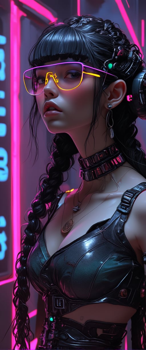 (cyberpunk girl like a samurai in the style of Conrad Roset, Nicola Samori), ultra realistic, (arbitrarily beautiful:1.4), full body, sexy female, (shiny black hair, long braids, neon glasses)