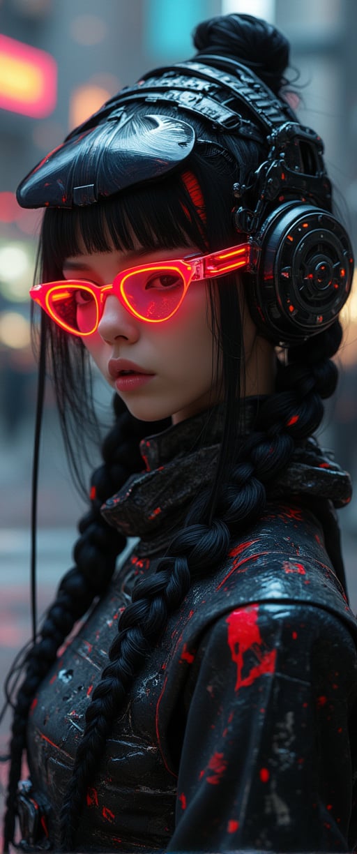 (cyberpunk girl like a samurai in the style of Conrad Roset, Nicola Samori), ultra realistic, (arbitrarily beautiful:1.4), full body, sexy female, (shiny black hair, long braids, neon glasses)