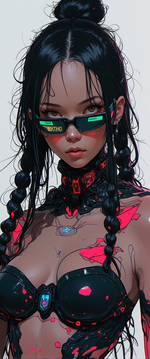 (cyberpunk girl like a samurai in the style of Conrad Roset, Nicola Samori), ultra realistic, (arbitrarily beautiful:1.4), full body, sexy female, (shiny black hair, long braids, neon glasses),jisosmile