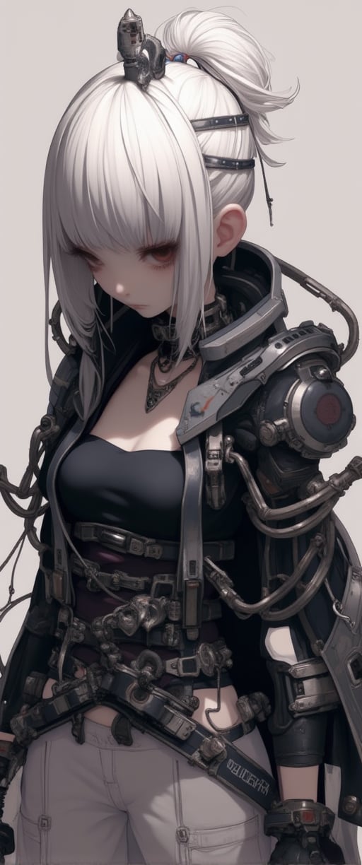 1girl, solo, breasts, looking at viewer, short hair, bangs, hair ornament, red eyes, ponytail, white hair, dark skin, blunt bangs, dark-skinned female, mechanical arms, chainsaw, mechanical parts,chest robe with the text "CTMAKER STYLE"