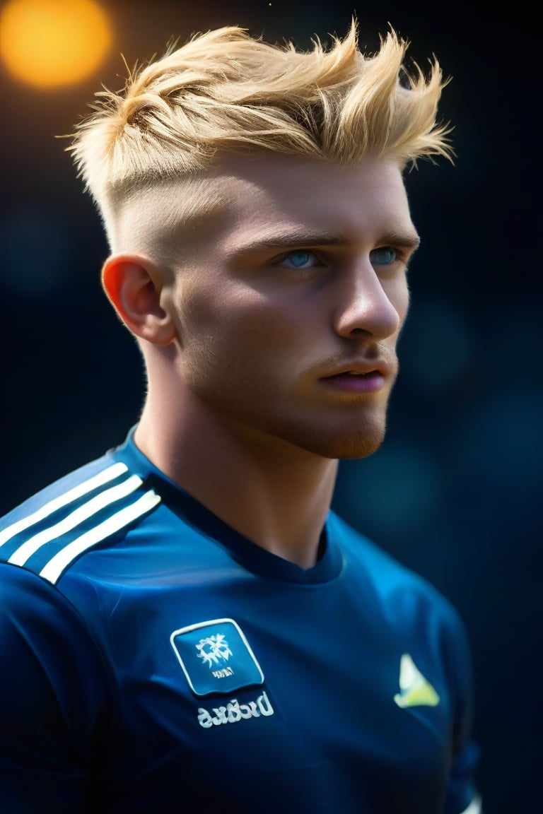 (realistic, masterpiece, high quality, best quality), 1man, English, rugby player,  looking to the side while focused, hands at the sides of body, side-standing, ((dynamic )), at the party, ((realistic, photo, fix realistic intricate real male head hair skin nose eyes mouth facialhair)), blue eyes, real blond hair , ((highres, uhd(, colorful, depth of field, new, newest),Daniel