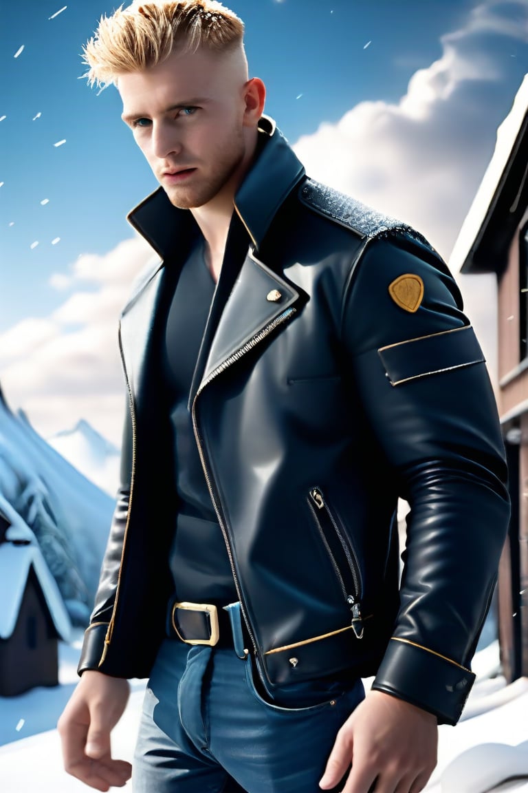 (realistic, masterpiece, high quality, best quality), solo focus, 1man, English, masculine leather jacket, undershirt on, belt, baggy pants,  looking to the side while focused, hands at the sides of body, side-standing, ((dynamic )), outdoors, snowing, sky, cold,  ((realistic, photo, fix realistic intricate real male head hair skin nose eyes mouth facialhair)), blue eyes, real blond hair , ((highres, uhd(, colorful, depth of field, new, newest),Daniel