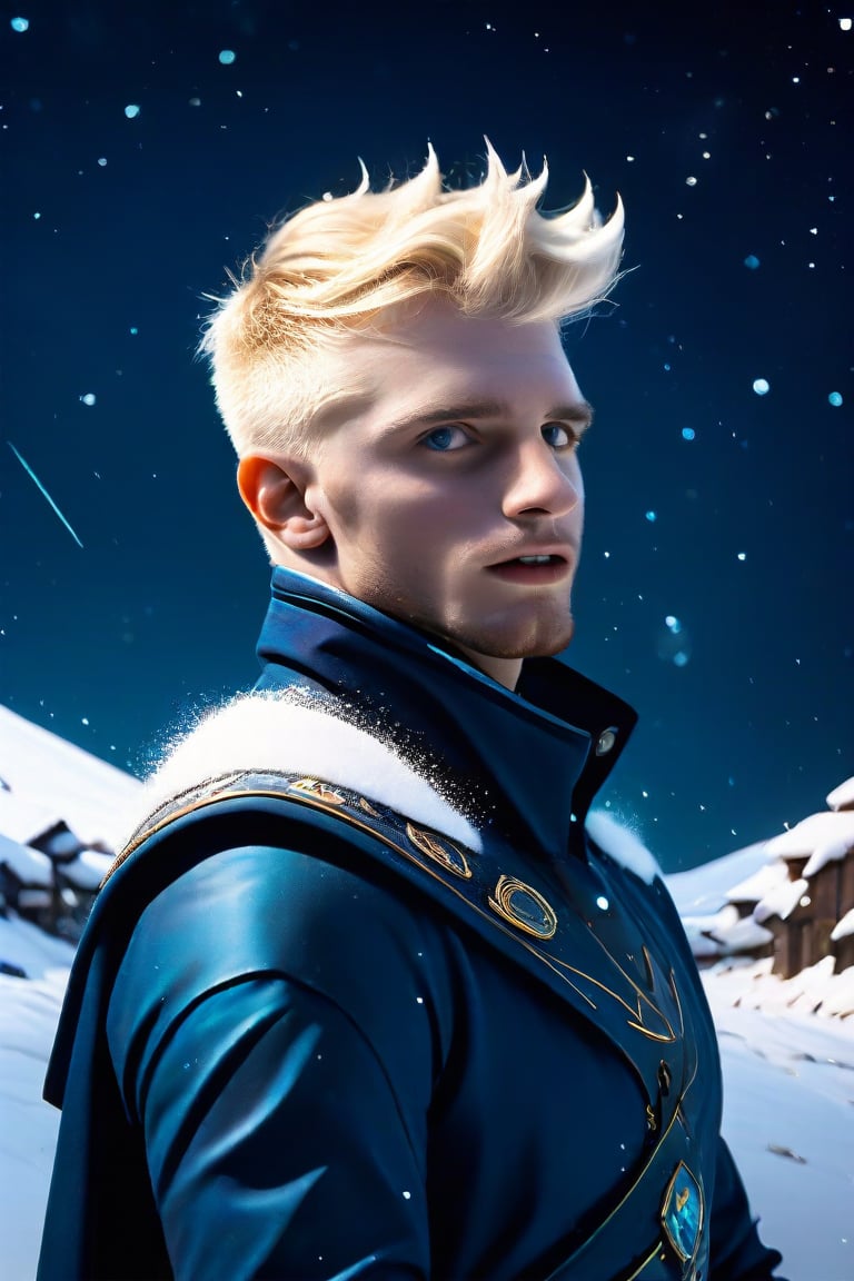 (realistic, masterpiece, high quality, best quality), solo focus, 1man, English, (warlock, wearing adveture clothes),  looking to the side while focused, hands at the sides of body, side-standing, ((dynamic )), outdoors, snowing, sky, aurora, cold,  ((realistic, photo, fix realistic intricate real male head hair skin nose eyes mouth facialhair)), blue eyes, real blond hair , ((highres, uhd(, colorful, depth of field, new, newest, bokeh)),Daniel