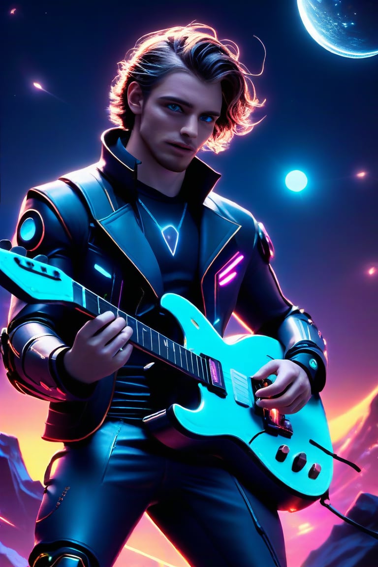 professional 3d, absurdperfect image casted softglow effect on of a masculine English man called Daniel, he has mechanical arms, cyborg, short wavy hair , blue-eyes, long facial goatee,  cyberpunk,  playing neon-guitar while focused, leds, holographic, on the moon, star lit sky, high-tech, colorful, unreal engine , intricate, well-drawn male person in high-details, cool, nice, vibrant, smooth, clear, high-definition, highres, perfect, futuristic, sci-fi, (actionVFX)