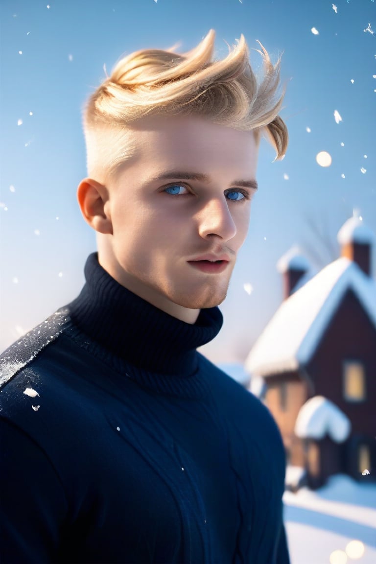 (realistic, masterpiece, high quality, best quality), solo focus, 1man, English, masculine sweater,  looking to the side while focused, hands at the sides of body, side-standing, ((dynamic )), outdoors, snowing, sky, cold,  ((realistic, photo, fix realistic intricate real male head hair skin nose eyes mouth facialhair)), blue eyes, real blond hair , ((highres, uhd(, colorful, depth of field, new, newest),Daniel