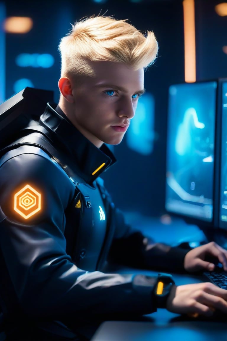 (exceptional masterpiece, only realistic, best quality), professional highres clear clean smooth perfectly well-drawn realistic photo the handsome masculine English man Daniel  blonde short hair, striking blue eyes, muscular arms, wearing masculine hacker uniform, cybervisor on, working at the futuristic computer in the vibrant hacker high-tech room while focused, uhd, intricate, symmetry is excellent, depth of field, highres images scan, matte, vivid, alive, epic, high-definition, 