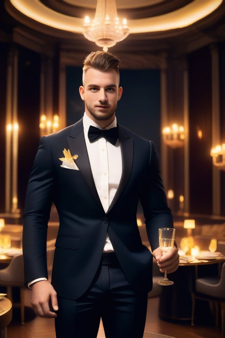 professional editorial photo style of a masculine english male man, wearing tuxedo, cheering while focused, in the party elegant room, uhd, masterpiece, highres, perfect