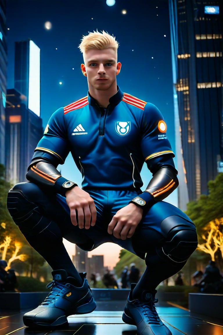 (exceptional masterpiece, only realistic, best quality), professional highres clear clean smooth perfectly well-drawn realistic photo the handsome masculine English man Daniel is wearing masculine rugby-wear uniform, blonde short hair, striking blue eyes, realistic body movement, symmetric legs, muscular arms, mechanical cyber-implants on, sitting on a bench at the futuristic urban park outdoors while focused, neons, artificial trees, crowd in the faded background, trees, star lit sky, glassy skyscrapers, intricate, symmetry is excellent, depth of field, highres images scan, matte, vivid, alive, epic, high-definition, 