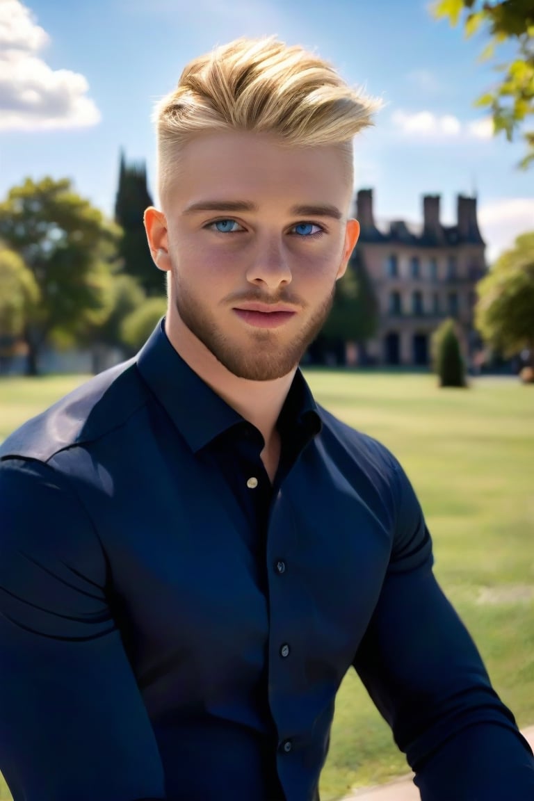 (realistic, masterpiece, high quality, best quality), professional exceptional perfect image of a man, English, real blonde beard, masculine, sit, park, short blonde hair, real  blue eyes,  in formal wear, (photo) highres, uhd, intricate, perfect real masculine head face eyes nose mouth, bokeh, real skin), shirt on, colorful, depth of field, new, newest, sky, clouds, nature,Daniel