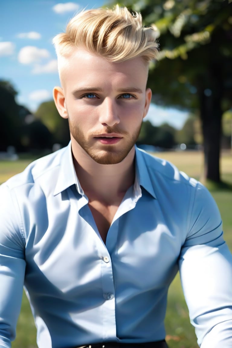 (realistic, masterpiece, high quality, best quality), professional exceptional perfect image of a man, English, real blonde beard, masculine, sit, park, short blonde hair, real  blue eyes,  in formal wear, (photo) highres, uhd, intricate, perfect real masculine head face eyes nose mouth, bokeh, real skin), shirt on, colorful, depth of field, new, newest, sky, clouds, nature,