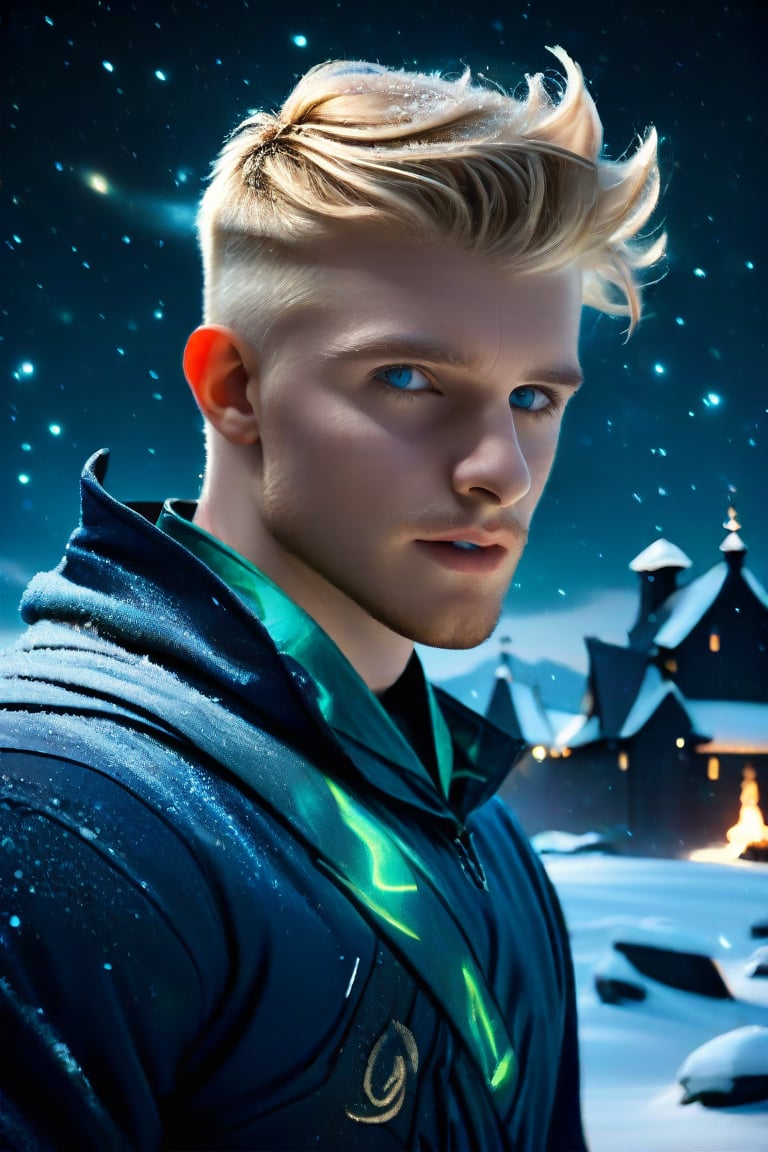 (realistic, masterpiece, high quality, best quality), solo focus, 1man, English, (warlock, wearing adveture clothes),  looking to the side while focused, hands at the sides of body, side-standing, ((dynamic )), outdoors, snowing, sky, aurora, cold,  ((realistic, photo, fix realistic intricate real male head hair skin nose eyes mouth facialhair)), blue eyes, real blond hair , ((highres, uhd(, colorful, depth of field, new, newest, bokeh)),Daniel