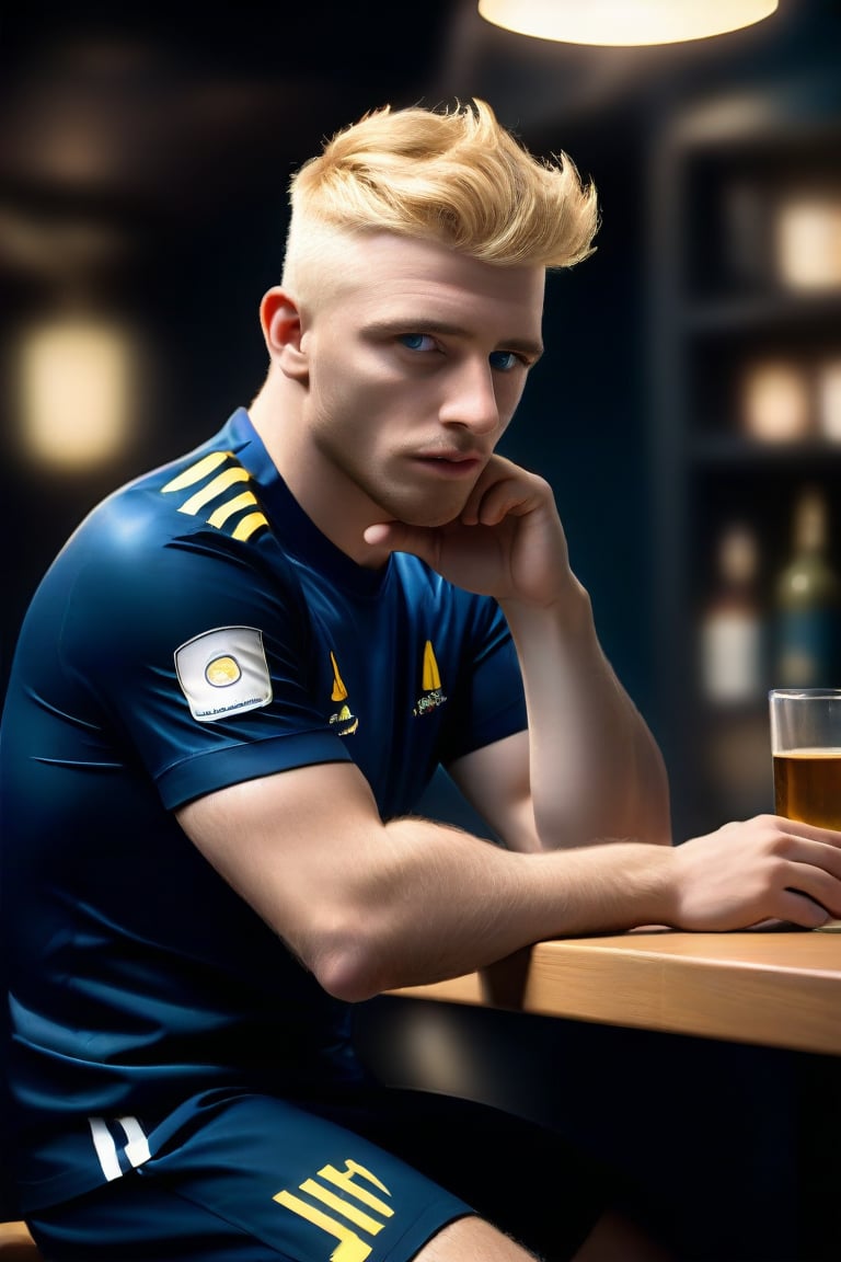 (realistic, masterpiece, high quality, best quality), solo focus, 1man, English, rugby player,  looking to the side, sit on stool, ((dynamic )), at the pub, ((realistic, photo, fix realistic intricate real male head hair skin nose eyes mouth facialhair)), blue eyes, real blond hair , ((highres, uhd(, colorful, depth of field, new, newest),Daniel