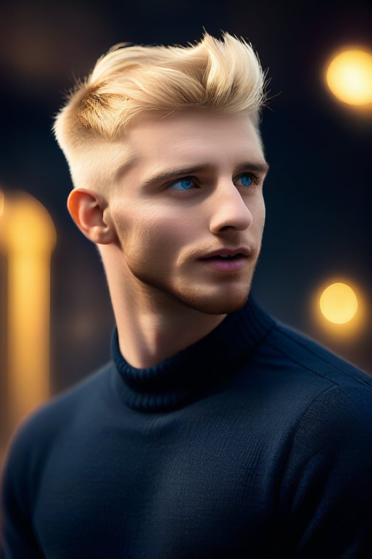 (realistic, masterpiece, high quality, best quality), 1man, English, masculine sweater,  looking to the side while focused, hands at the sides of body, side-standing, ((dynamic )), at the party, ((realistic, photo, fix realistic intricate real male head hair skin nose eyes mouth facialhair)), blue eyes, real blond hair , ((highres, uhd(, colorful, depth of field, new, newest),Daniel