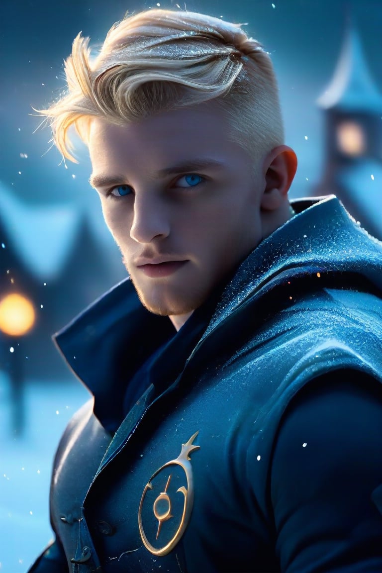 (realistic, masterpiece, high quality, best quality), solo focus, 1man, English, (warlock, wearing adveture clothes),  looking to the side while focused, hands at the sides of body, side-standing, ((dynamic )), outdoors, snowing, sky, aurora, cold,  ((realistic, photo, fix realistic intricate real male head hair skin nose eyes mouth facialhair)), blue eyes, real blond hair , ((highres, uhd(, colorful, depth of field, new, newest, bokeh)),Daniel