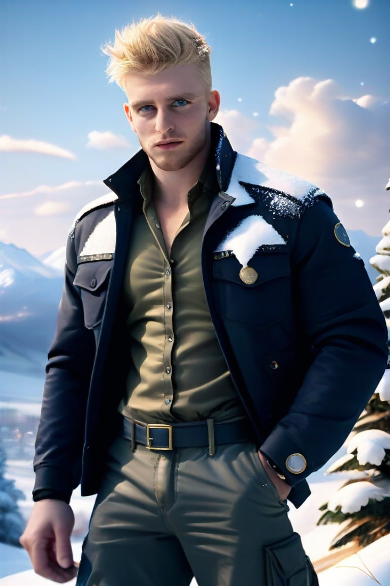 (realistic, masterpiece, high quality, best quality), solo focus, 1man, English, masculine military jacket, undershirt on, belt, baggy pants,  looking to the side while focused, hands at the sides of body, side-standing, ((dynamic )), outdoors, snowing, sky, cold,  ((realistic, photo, fix realistic intricate real male head hair skin nose eyes mouth facialhair)), blue eyes, real blond hair , ((highres, uhd(, colorful, depth of field, new, newest),Daniel