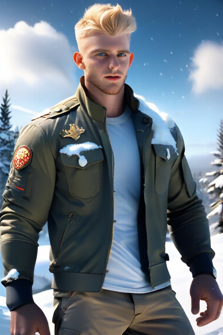 (realistic, masterpiece, high quality, best quality), solo focus, 1man, English, masculine military jacket, undershirt on, belt, baggy pants,  looking to the side while focused, hands at the sides of body, side-standing, ((dynamic )), outdoors, snowing, sky, cold,  ((realistic, photo, fix realistic intricate real male head hair skin nose eyes mouth facialhair)), blue eyes, real blond hair , ((highres, uhd(, colorful, depth of field, new, newest),Daniel