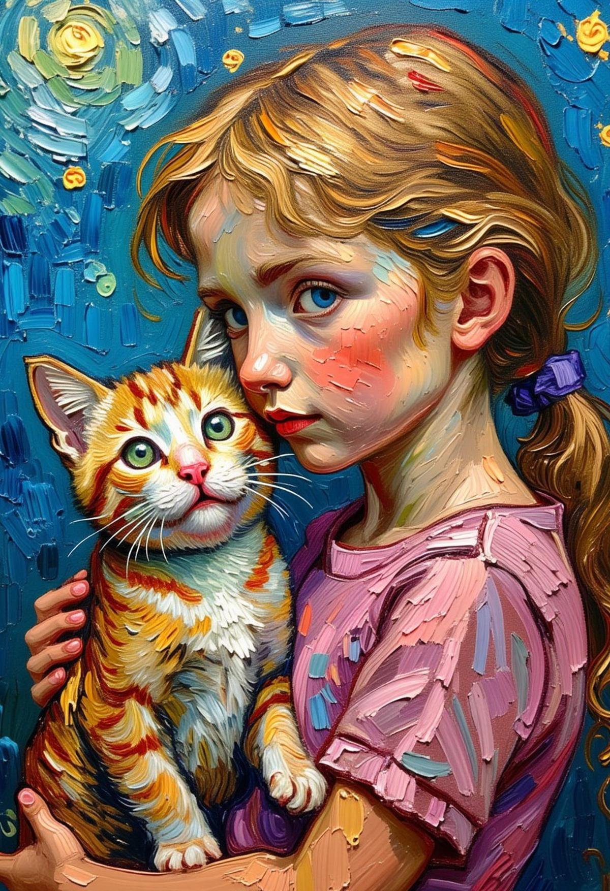 portrait of cute girl and fat cat ,in style of Vincent van Gogh ,oil painting